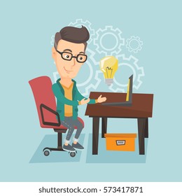 Young businessman working on a laptop on a new business idea. Caucasian happy business man having business idea. Successful business idea concept. Vector flat design illustration. Square layout.