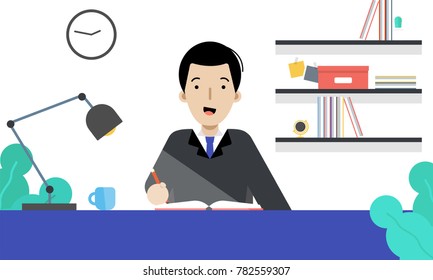 Young businessman working on the table with notebook. Flat vector illustration.