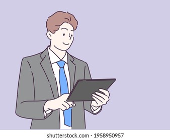 Young businessman working with tablet computer at office. Hand drawn in thin line style, vector illustrations.