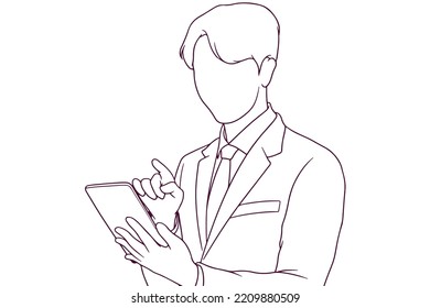 young businessman working with tablet hand drawn style vector illustration