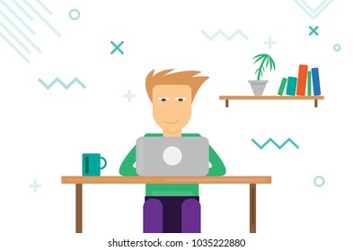 Young businessman works on his laptop in office, sitting at desk, looking at computer, laptop,notebook screen on white background. Smiling young man personage. Flat design vector illustration.