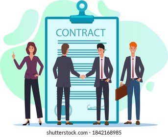 Young businessmen agree to sign a contract.The handshake, the signing of the Treaty negotiations.Flat vector illustration isolated on a white background.You can use it for web design.