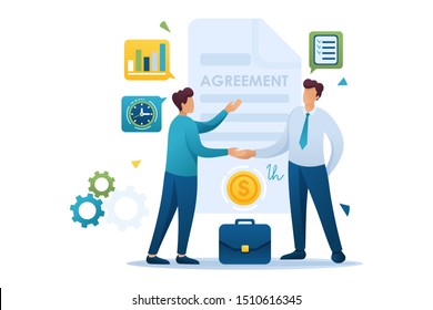 Young Businessmen Agreement Partners, Growth Revenue Schedules. Flat 2D Character. Concept For Web Design