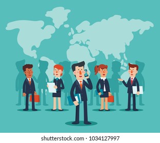 Young businessmen and business women talking and discussing. Vector illustration of business characters. World map background