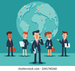 Young businessmen and business women talking and discussing. Vector illustration of business characters. World map background