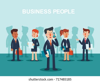 Young businessmen and business women talking and discussing. Vector illustration of business characters
