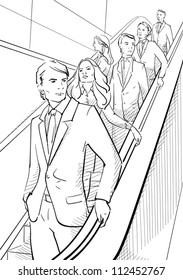 Young businessmen and businesswoman on escalator