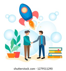 Young businessmen, employees, students shake hands, come to an agreement, made a deal. The concept of a successful contract. Missile launch. Start up. Vector illustration.