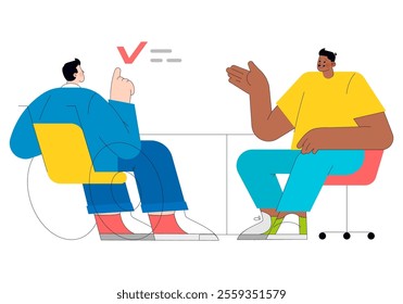 Young businessmen engaged in a lively discussion at work, sharing ideas across the table. Professional collaboration and exchange. Vector illustration.