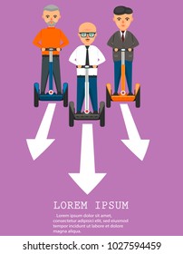 Young businessmen on segway poster. Individual electric city transportation, mobile eco vehicle concept. Vector illustration with man character and space for text.