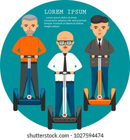 Young businessmen on segway poster. Individual electric city transportation, mobile eco vehicle concept. Vector illustration with man character and space for text.