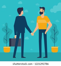 Los jóvenes hombres de negocios se dan la mano. Diseño plano que comunica con personajes de animación para combinar escenas y animaciones. Trabajo de oficina y empresa, ilustración de trabajo en equipo creativo. 