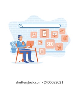 Los jóvenes empresarios utilizan computadoras portátiles y teléfonos inteligentes para crear estrategias de marketing digital. ESEO e iconos de motores de búsqueda en línea en una pantalla de computadora. concepto SEO.