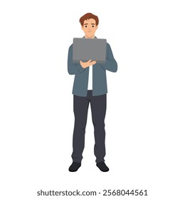 Young businessmen wearing casual outfit standing and using laptop. Flat vector illustration isolated on white background
