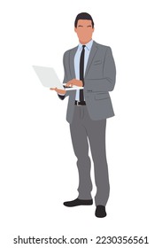 Young businessmen wearing formal outfit - suit and tie. Handsome male character standing and using laptop. Vector flat realistic illustration isolated on white background.