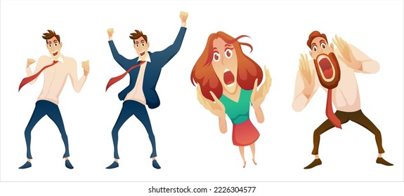 Young businessmen with young woman in various emotionally, excited, success,  delighted, shouting in cartoon character, vector illustration.