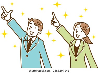 Young businessmen and women pointing upwards