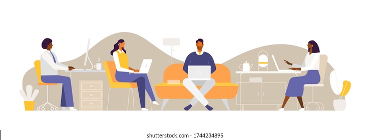 Young businessmen work in a modern office. Vector web banner in business concept. Illustration in flat design, isolated on white background. Creative men and women work on computers and laptops.