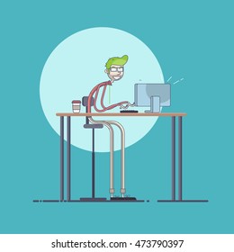 Young businessmen working on the table and happily. Vector illustration modern flat and line style