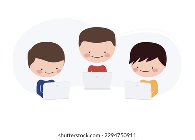 Jóvenes empresarios trabajando como equipo en una mesa con computadoras. Ilustración conceptual vectorial del espacio de coworking y reunión de negocios

