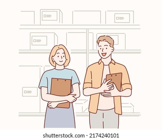 Young businesspeople  standing in warehouse. Hand drawn style vector design illustrations.