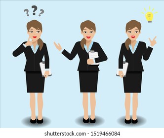Young businesswoman in 3 different manners, thinking, welcome and getting ideas. Isolated on light blue background. Vector Illustration. Idea for workplace in business concept.
