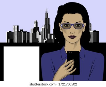 A young businesswoman against the backdrop of a modern metropolis with a mobile phone in her hands. Multi-purpose use on websites, presentations, and brochures. Vector illustration