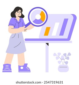 Young businesswoman analyzing graphs on a computer, showcasing data analysis and presentation skills. Vector illustration.