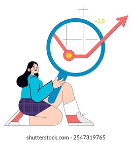 Jovem empresária analisando o gráfico de crescimento através de lupa. Avaliação de desempenho corporativo. Ilustração vetorial.