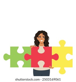 Young businesswoman assembling together jigsaw puzzle pieces. Flat Vector Illustration Isolated on White Background