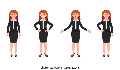 Young businesswoman in black suit cartoon character. Vector illustration of smart female clerk in different poses