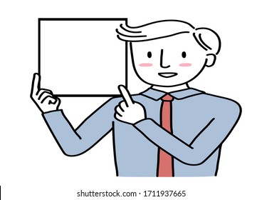 Young businesswoman with blank signboard. Young guy holding and making a gesture to blank signage. Portrait of confident adult male presenter holding empty placard. Hand-drawn vector.