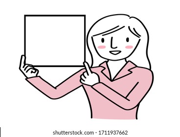 Young businesswoman with blank signboard. Young woman holding and making a gesture to blank signage. Portrait of confident adult female presenter holding empty placard. Hand-drawn vector.