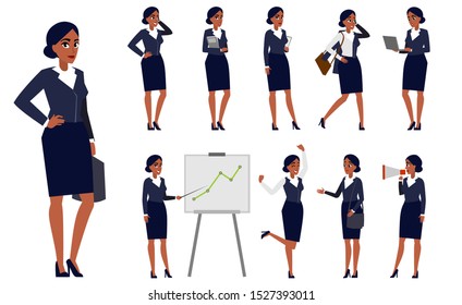 Young businesswoman boss cartoon in black suit set vector illustration. Types of smart woman in various poses. Collection of african-american characters performing different actions flat style concept