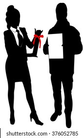 Young Businesswoman and business man holds up certificate