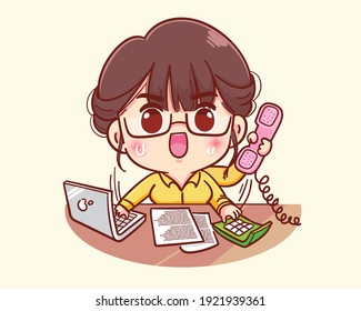 Young businesswoman busy multitasking cartoon illustration