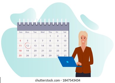 Young businesswoman and calendar.Deadline and task scheduling.Calculation of the remaining days.Flat vector illustration.