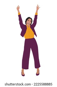 Young businesswoman celebrating the victory with her arms in the air and feeling excited. Pretty female character wearing formal suit in winning pose. Vector realistic illustration isolated on white. 