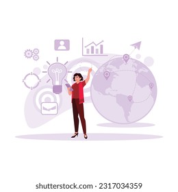 Young businesswoman with a cell phone in hand, looking for important information about business and digital marketing via her smartphone. Trend Modern vector flat illustration.