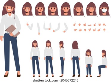 Young businesswoman character for animated, Creation people with emotions face animation mouth. Flat vector design.