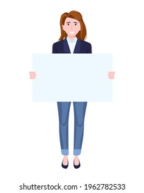 Young businesswoman character holding placards and standing isolated