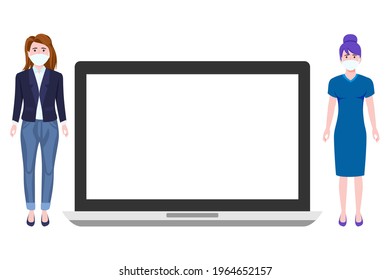 Young businesswoman character wearing business outfit and fabric facial mask standing with blank laptop screen