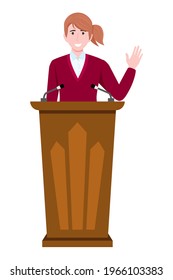 Young businesswoman character wearing business outfit standing behind podium and waving