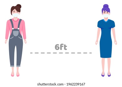 Young businesswoman characters standing wearing business outfits and keeping social distance and posing