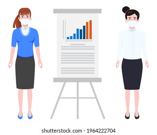 Young Businesswoman Characters Wearing Business Outfit And Facial Mask Standing With Sales Presentation Board