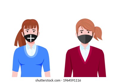 Young businesswoman characters  wearing business outfit and facial fabric mask