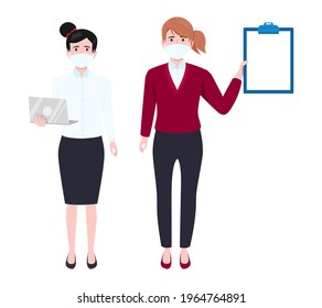 Young businesswoman characters wearing business outfit and facial mask standing with laptop and clipboard