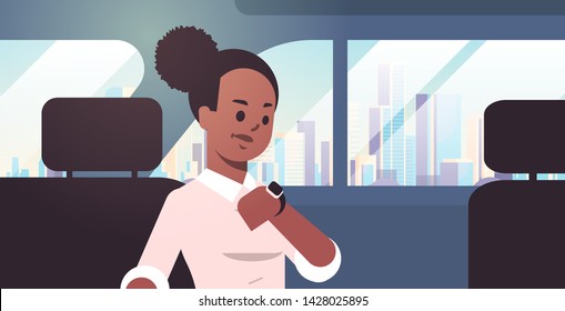 Young Businesswoman Checking Time African American Woman Car Passenger Sitting On Back Seat In Taxi Cab City Transportation Service Concept Flat Portrait Horizontal