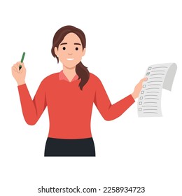 Young Businesswoman and checklist. Girl holding pen and to do list. Business time management, examination. Flat vector illustration isolated on white background