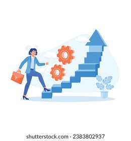 Young businesswoman climbing stairs with arrow up while carrying a briefcase. Leadership and career development. Career Development Concept. trend modern vector flat illustration